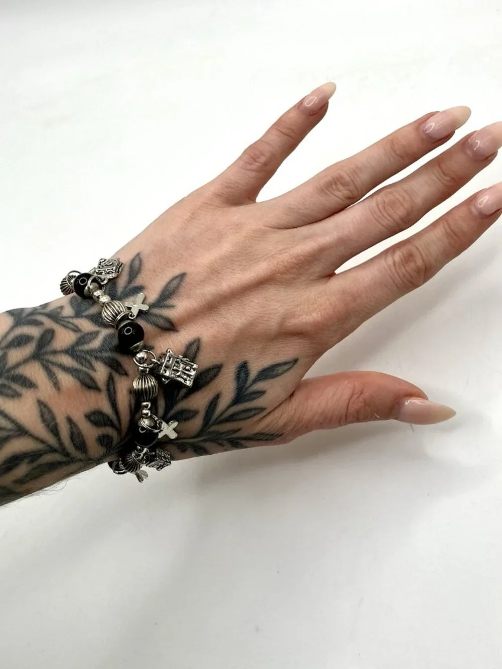 VTG Christian Charm Stretch Bracelet Silver Tone Cross Bible Religious Glass